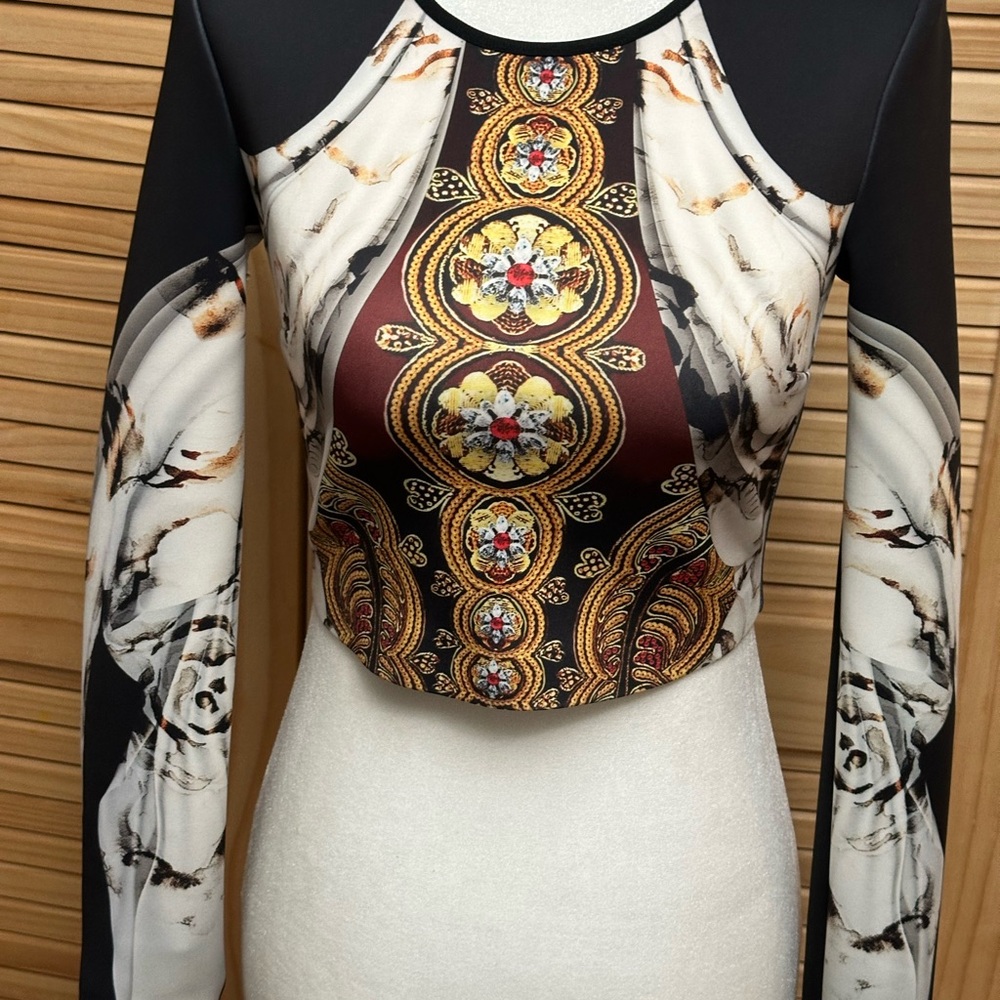 Clover Canyon Black and Gold Patterned Crop Top